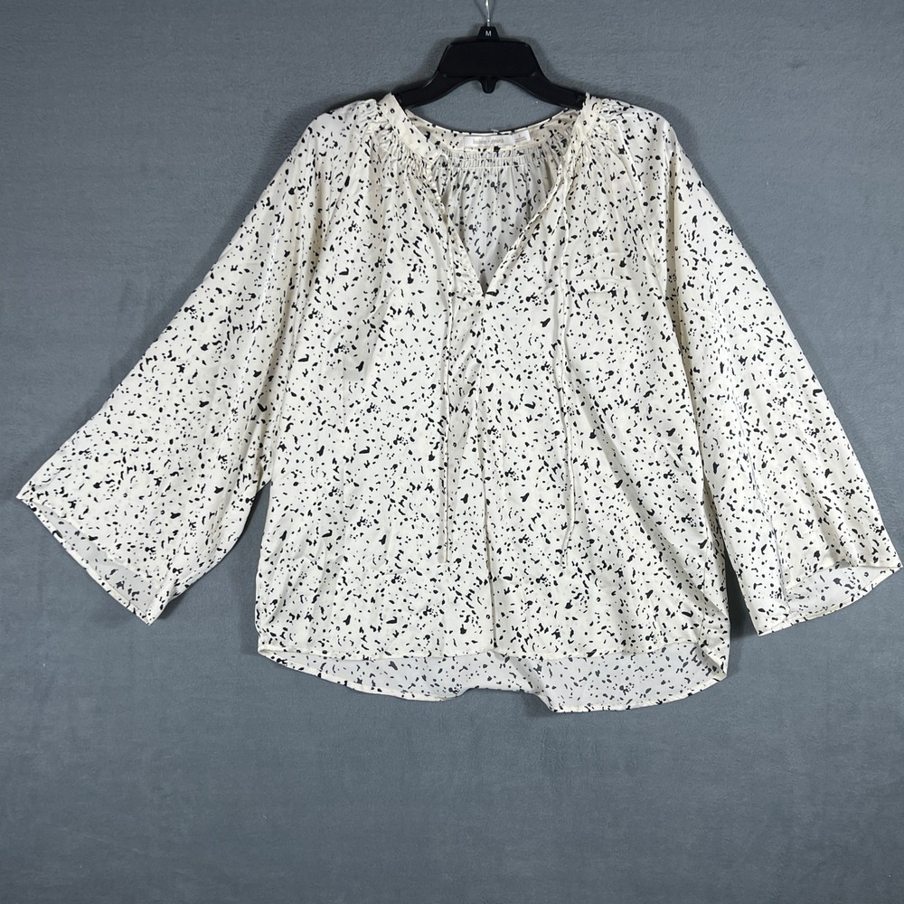 Bishop + Young Womens Blouse S Cream Black Speckle Relaxed Bell Sleeve V-Neck